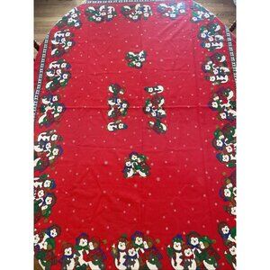 Vtg Sunweave Linen Corp Red Christmas Tablecloth Caroling Penguins 49"x68" READ